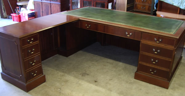 Large Bespoke Corner Desk in Mahogany with Green Leather Top